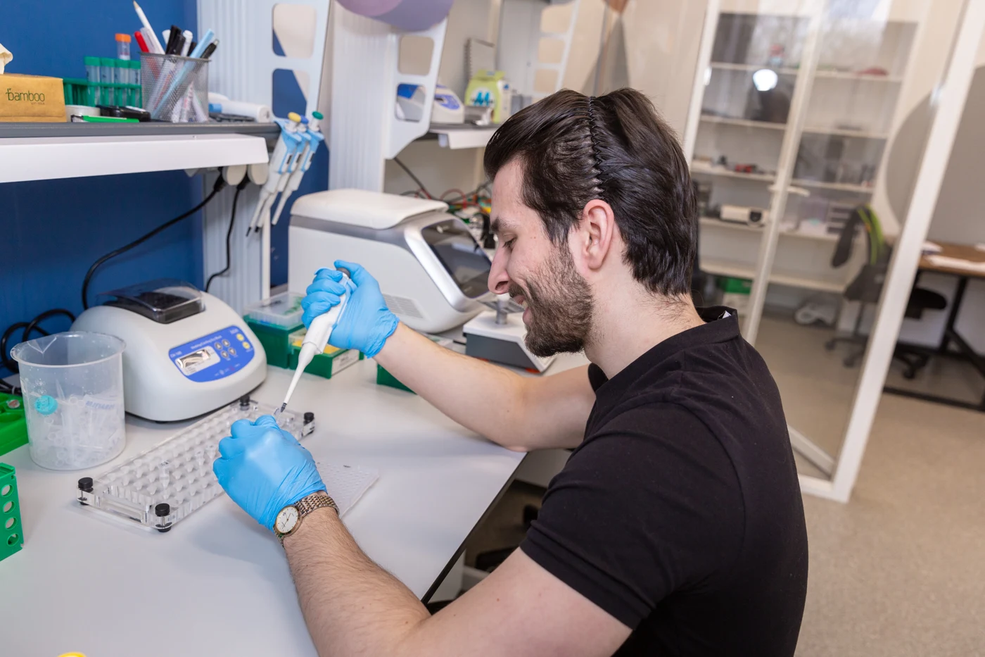 Working with samples in the group’s laboratory